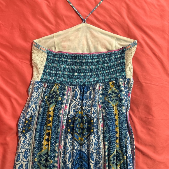 Colorful Boho Maxi Dress- Empire Waist, Crochet Lace Detail, Halter Ties- Size L - Picture 7 of 9
